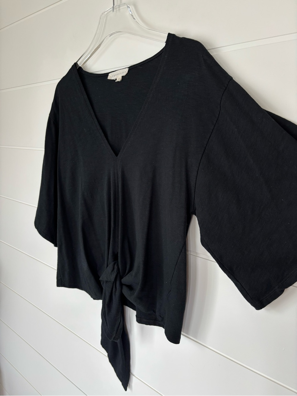 Lovestitch Black V-Neck Front-Tie Boho Cotton Blend Top Size Medium